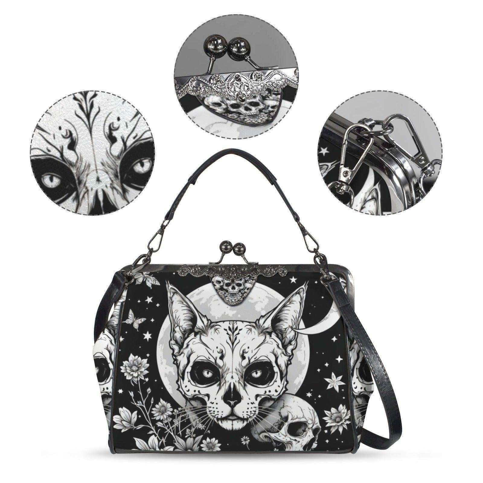 Kiss Lock Cat Purse with Moon Skull Art, Black Floral Frame Bag