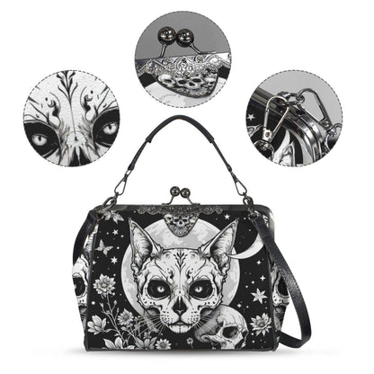 Kiss Lock Cat Purse with Moon Skull Art, Black Floral Frame Bag