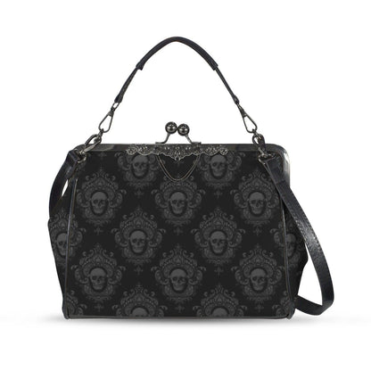 Skull Damask Kisslock Bag, Vintage Gothic Handbag, Victorian Style Purse, Witchy Top Handle Shoulder Bag