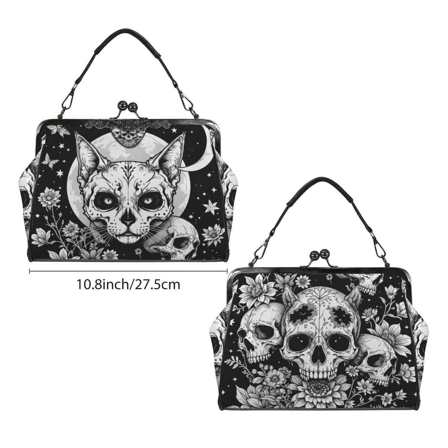 Kiss Lock Cat Purse with Moon Skull Art, Black Floral Frame Bag