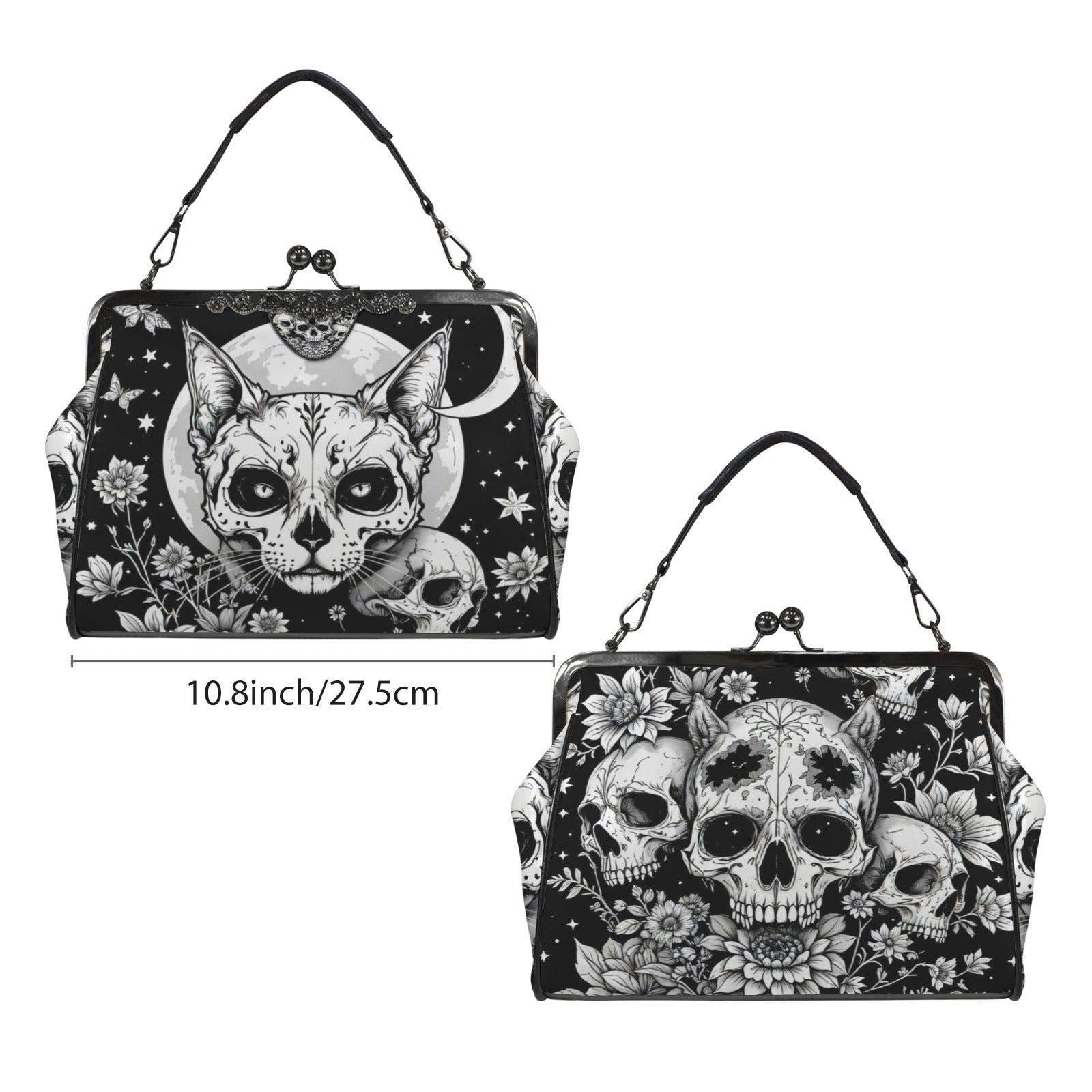 Kiss Lock Cat Purse with Moon Skull Art, Black Floral Frame Bag