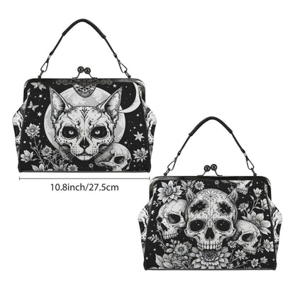 Kiss Lock Cat Purse with Moon Skull Art, Black Floral Frame Bag
