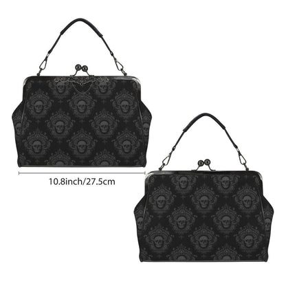 Skull Damask Kisslock Bag, Vintage Gothic Handbag, Victorian Style Purse, Witchy Top Handle Shoulder Bag