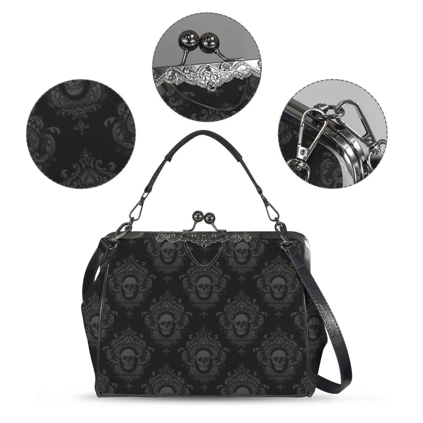 Skull Damask Kisslock Bag, Vintage Gothic Handbag, Victorian Style Purse, Witchy Top Handle Shoulder Bag