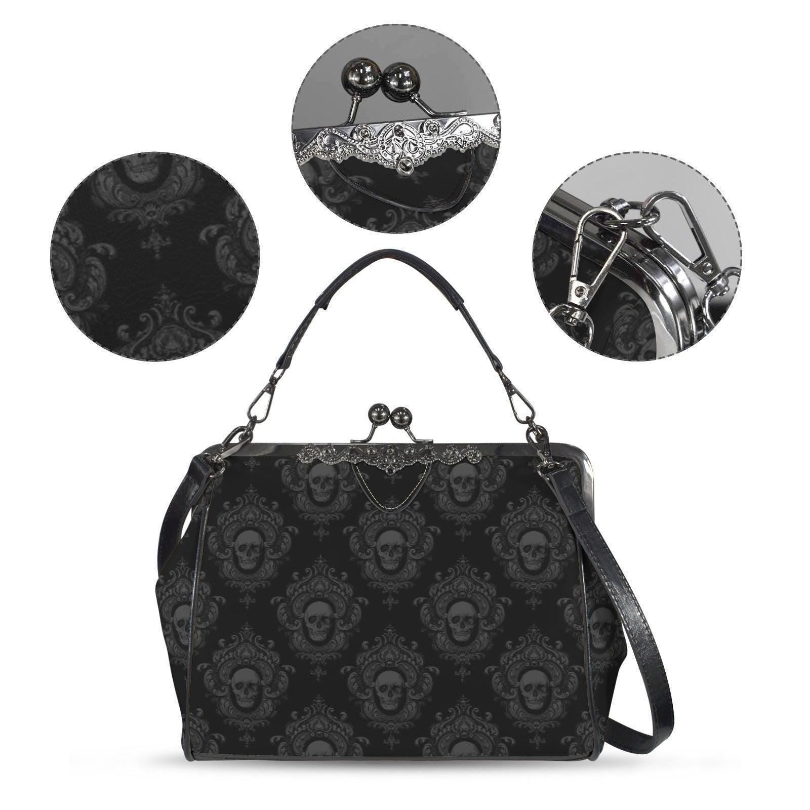Skull Damask Kisslock Bag, Vintage Gothic Handbag, Victorian Style Purse, Witchy Top Handle Shoulder Bag