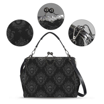 Skull Damask Kisslock Bag, Vintage Gothic Handbag, Victorian Style Purse, Witchy Top Handle Shoulder Bag