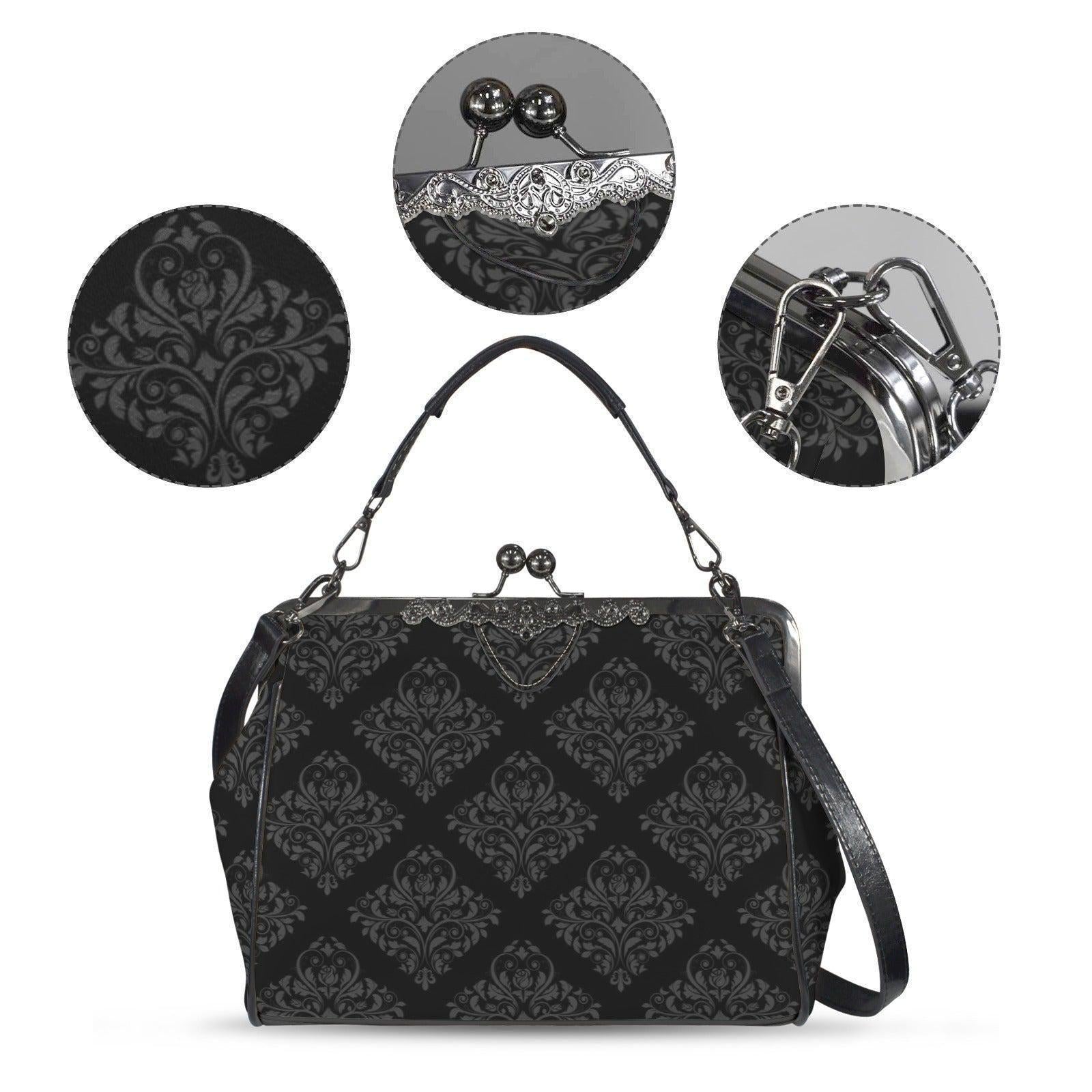 Black Damask Frame Handbag, Victorian Kisslock Evening Bag, Ornate Top Handle Purse
