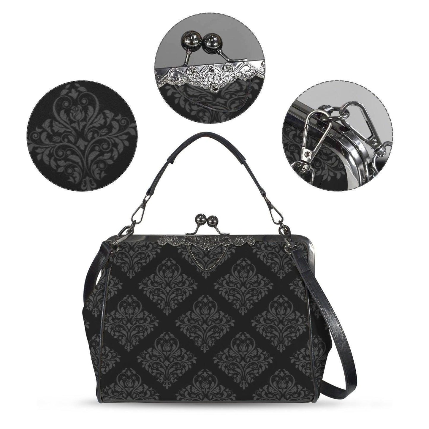 Black Damask Frame Handbag, Victorian Kisslock Evening Bag, Ornate Top Handle Purse