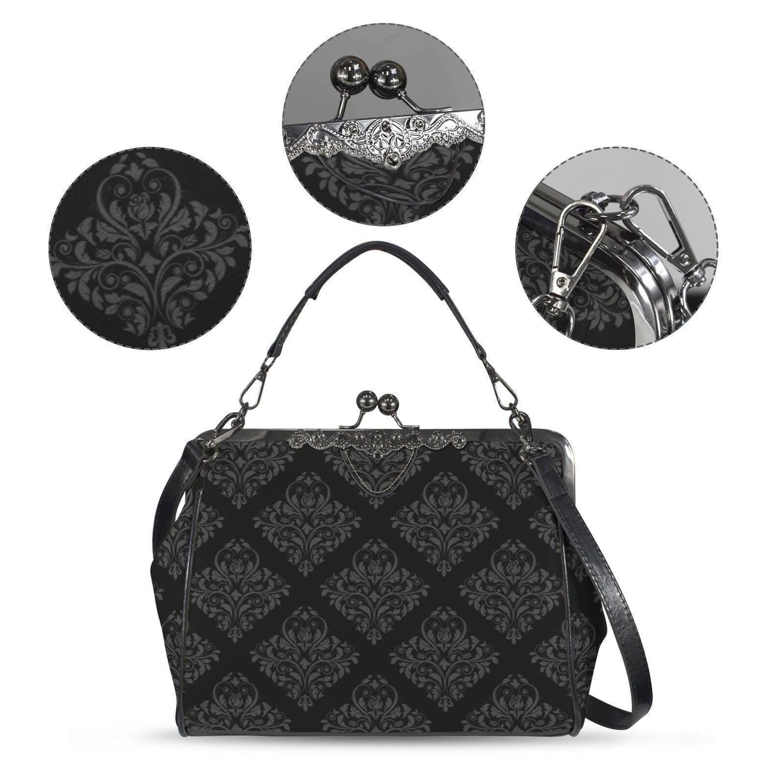 Black Damask Frame Handbag, Victorian Kisslock Evening Bag, Ornate Top Handle Purse