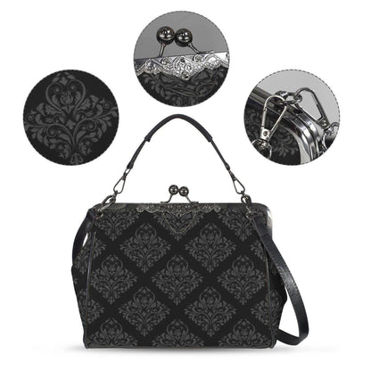 Black Damask Frame Handbag, Victorian Kisslock Evening Bag, Ornate Top Handle Purse