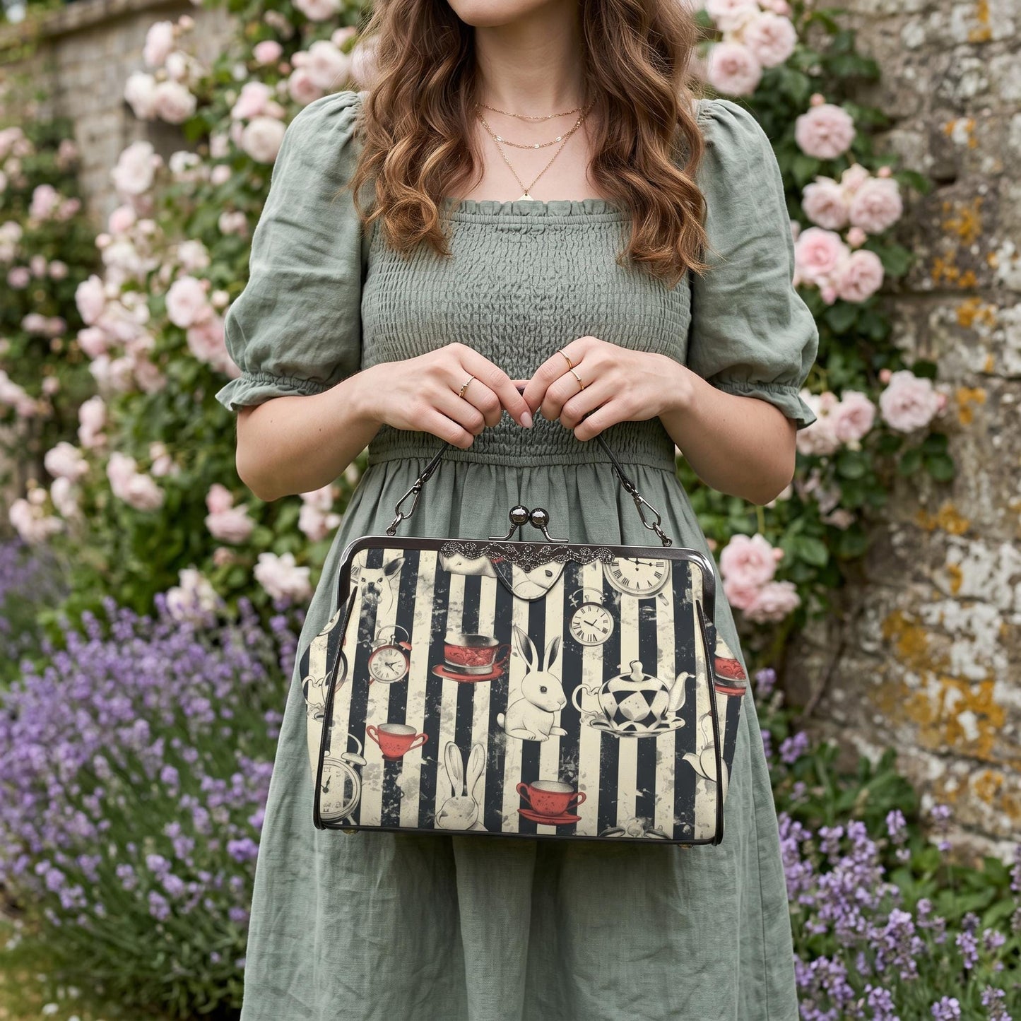 Wonderland Rabbit Tea Party Kisslock Handbag, Striped Frame Purse, Clock Teacup Top Handle Bag, Storybook Crossbody Statement Purse