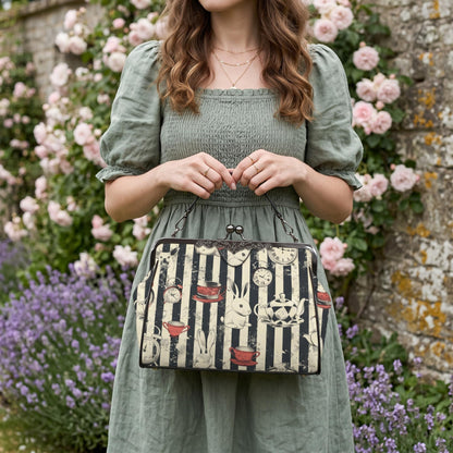 Wonderland Rabbit Tea Party Kisslock Handbag, Striped Frame Purse, Clock Teacup Top Handle Bag, Storybook Crossbody Statement Purse