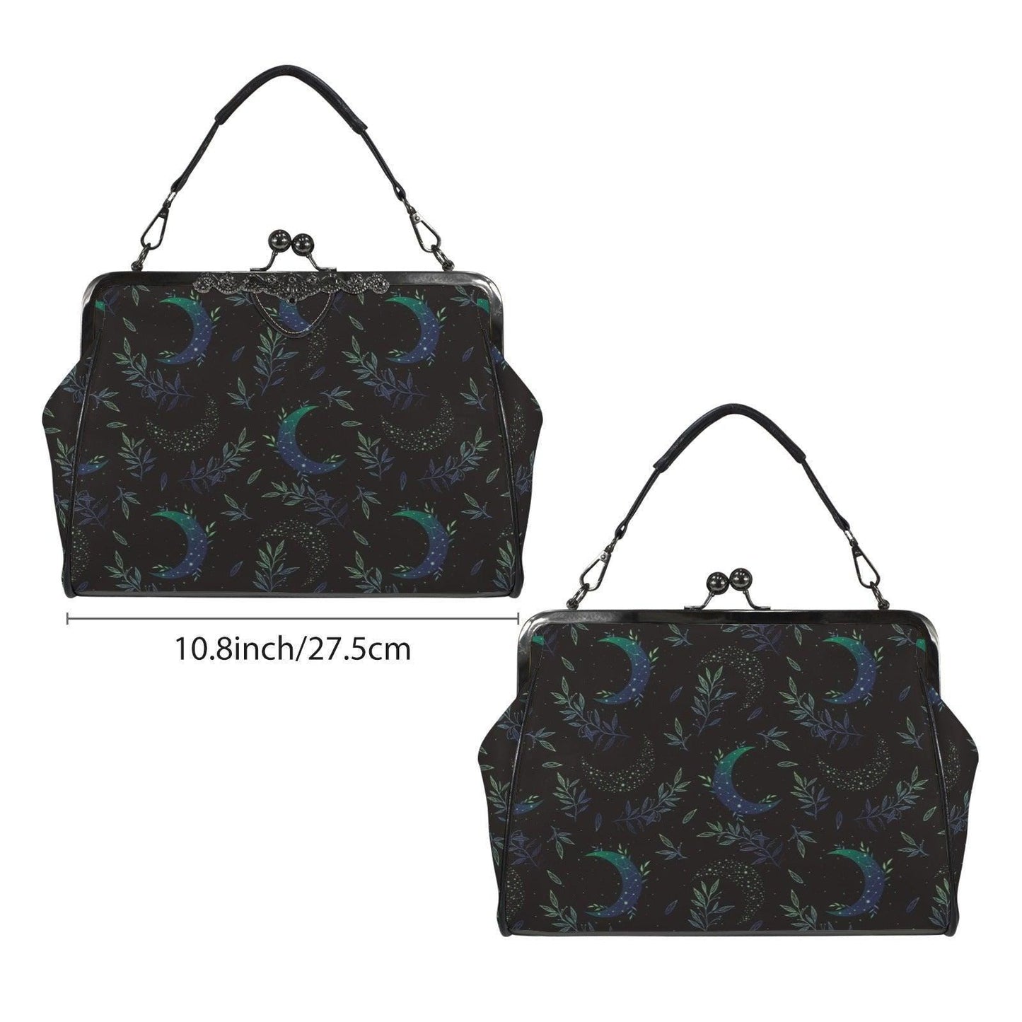 Moon Phase Kiss Lock Purse, Botanical Crescent Handbag in Blue Green Night Sky