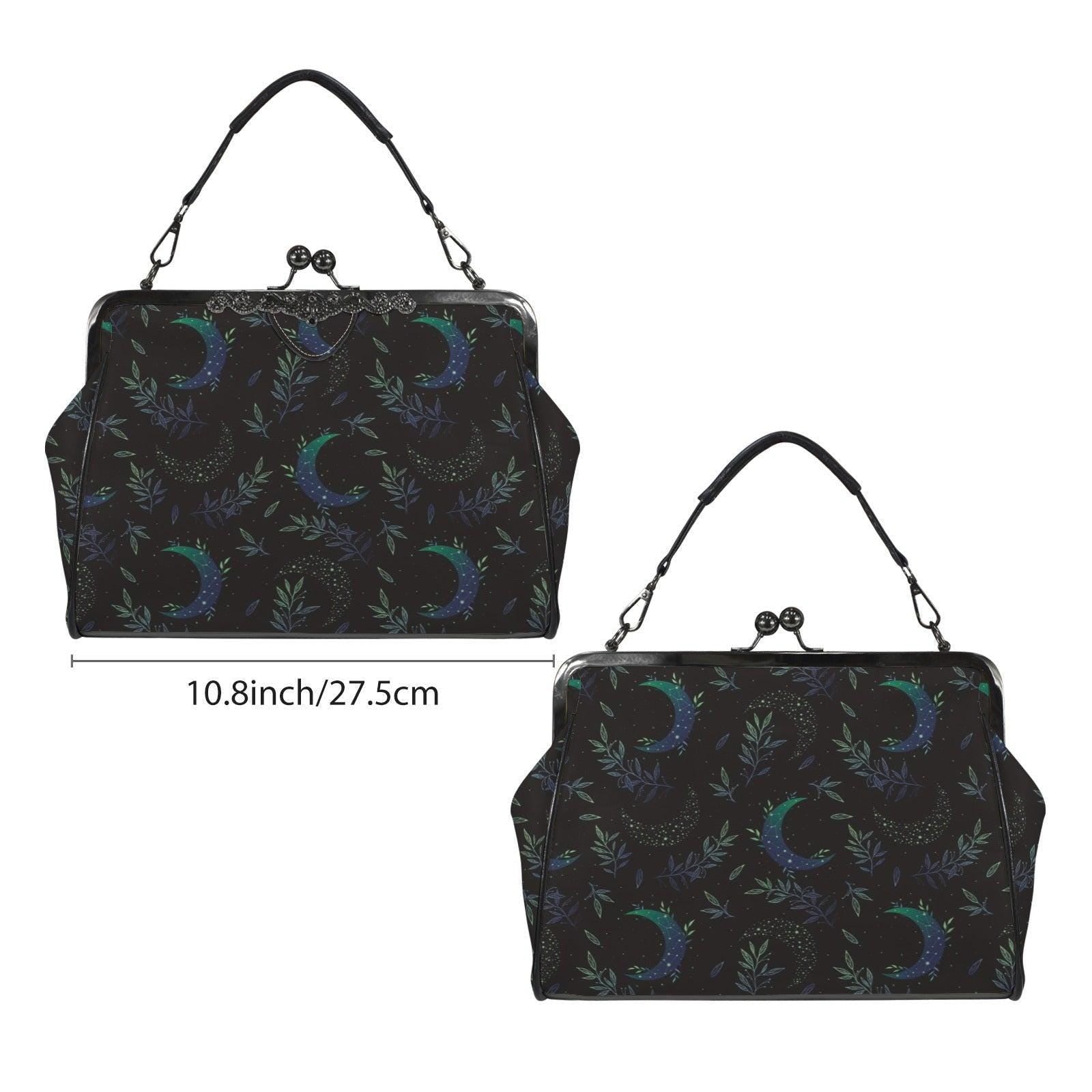 Moon Phase Kiss Lock Purse, Botanical Crescent Handbag in Blue Green Night Sky