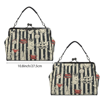 Wonderland Rabbit Tea Party Kisslock Handbag, Striped Frame Purse, Clock Teacup Top Handle Bag, Storybook Crossbody Statement Purse