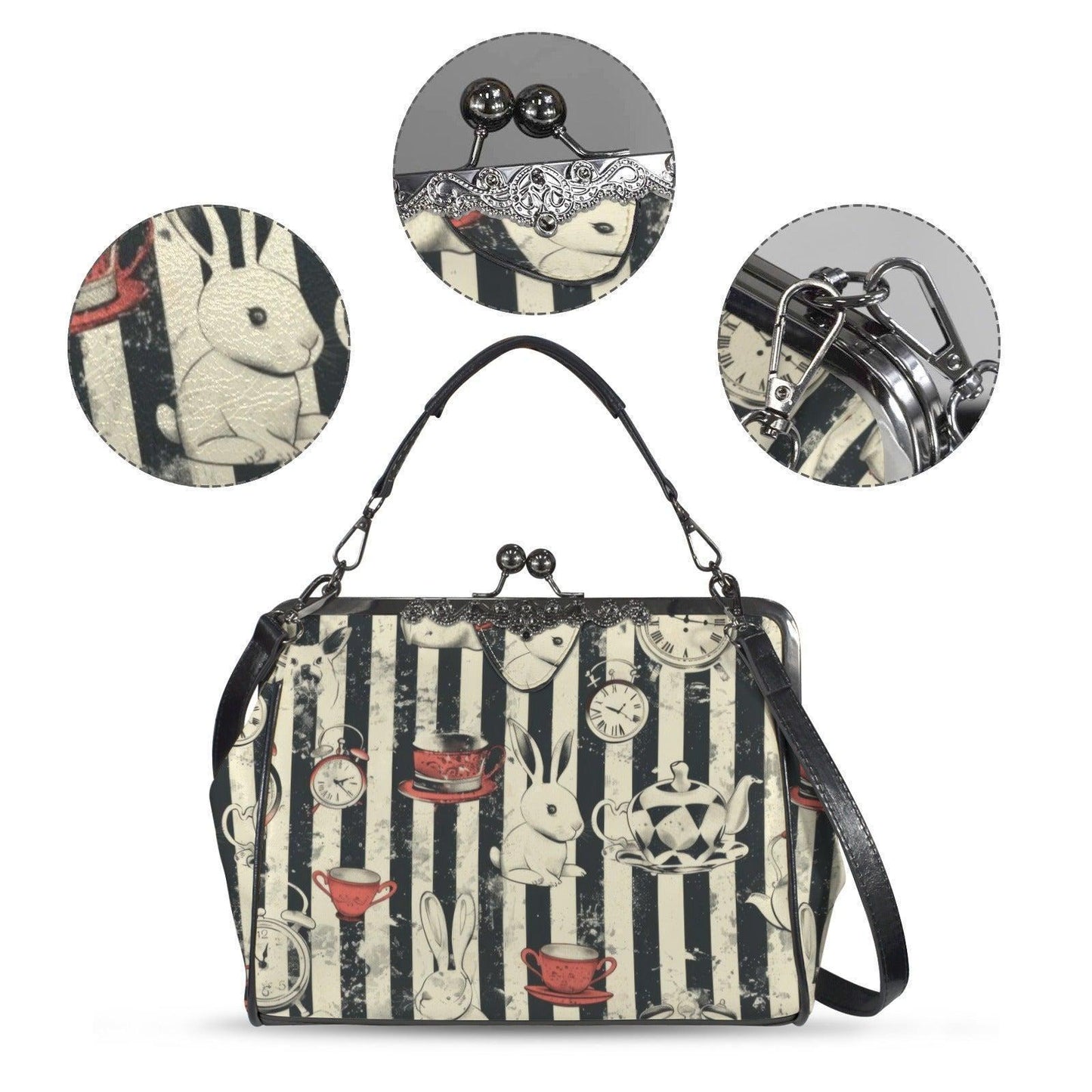 Wonderland Rabbit Tea Party Kisslock Handbag, Striped Frame Purse, Clock Teacup Top Handle Bag, Storybook Crossbody Statement Purse