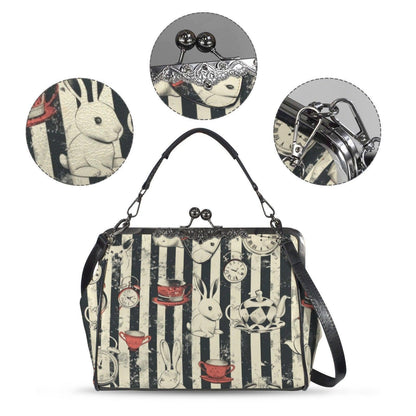 Wonderland Rabbit Tea Party Kisslock Handbag, Striped Frame Purse, Clock Teacup Top Handle Bag, Storybook Crossbody Statement Purse