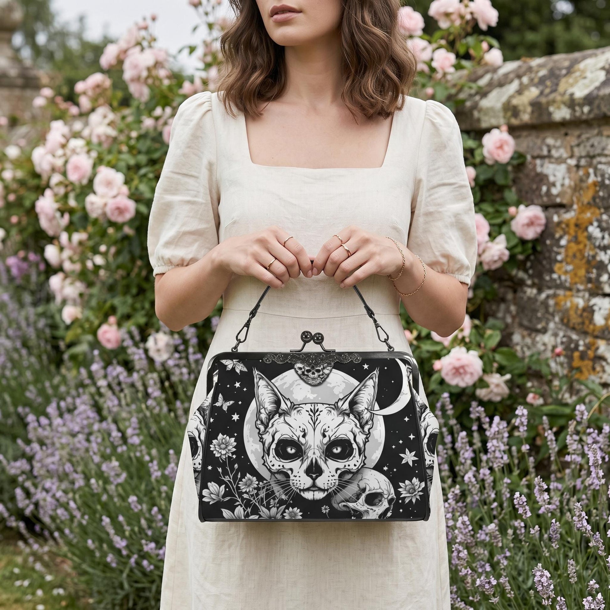 Full Moon Cat Kisslock Purse, Celestial Feline Print Handbag, Skull Flower Bag