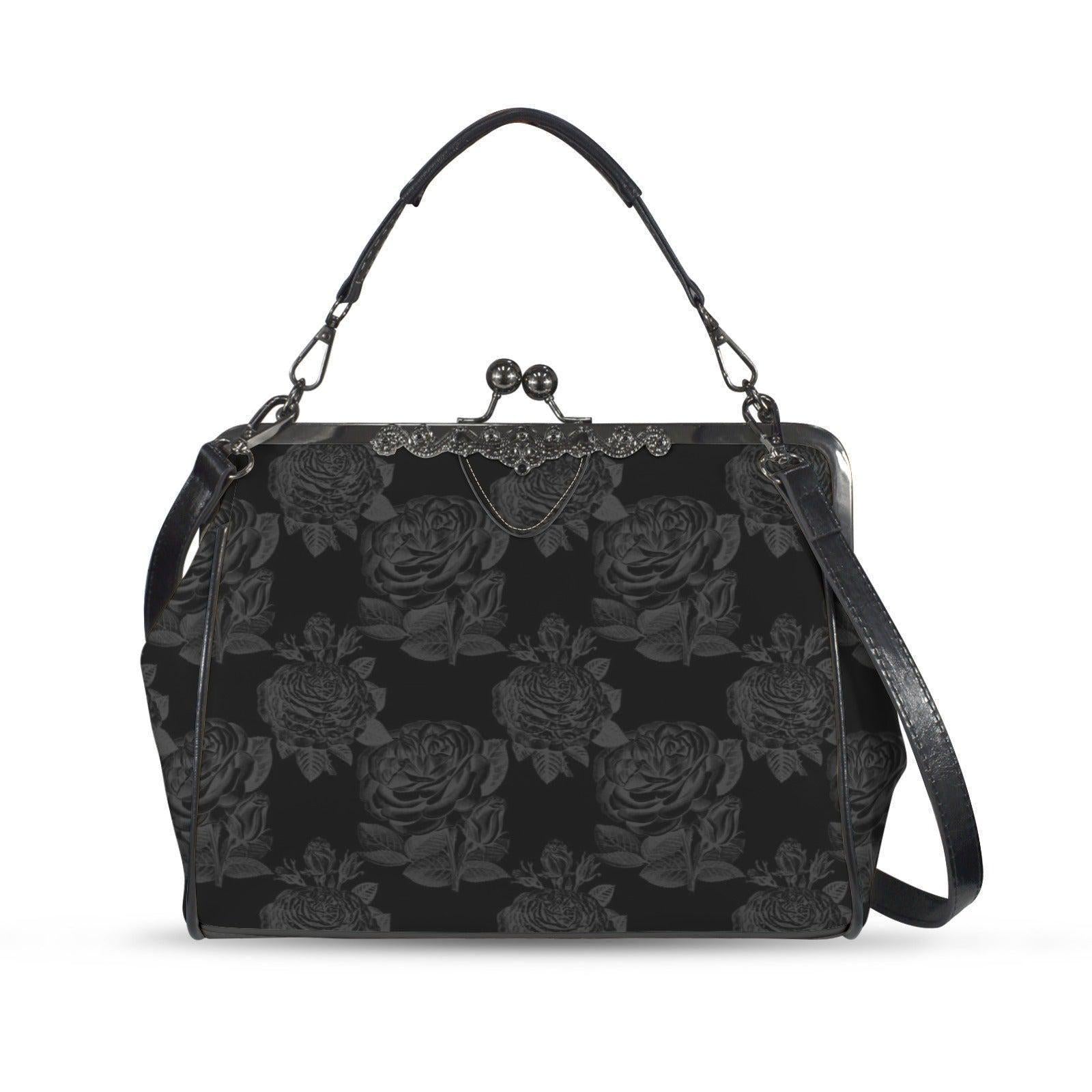 Black Rose Kisslock Bag, Dark Floral Vintage Handbag, Elegant Top Handle Evening Purse