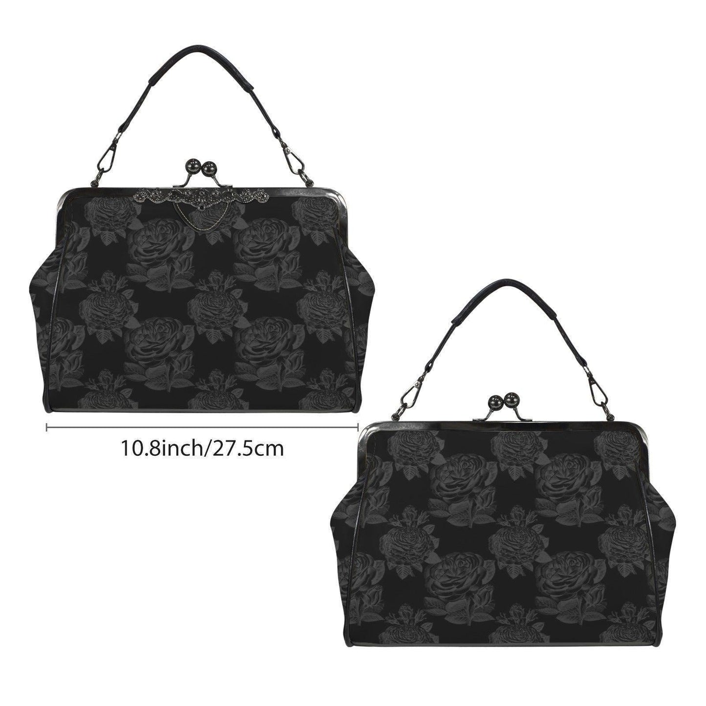 Black Rose Kisslock Bag, Dark Floral Vintage Handbag, Elegant Top Handle Evening Purse
