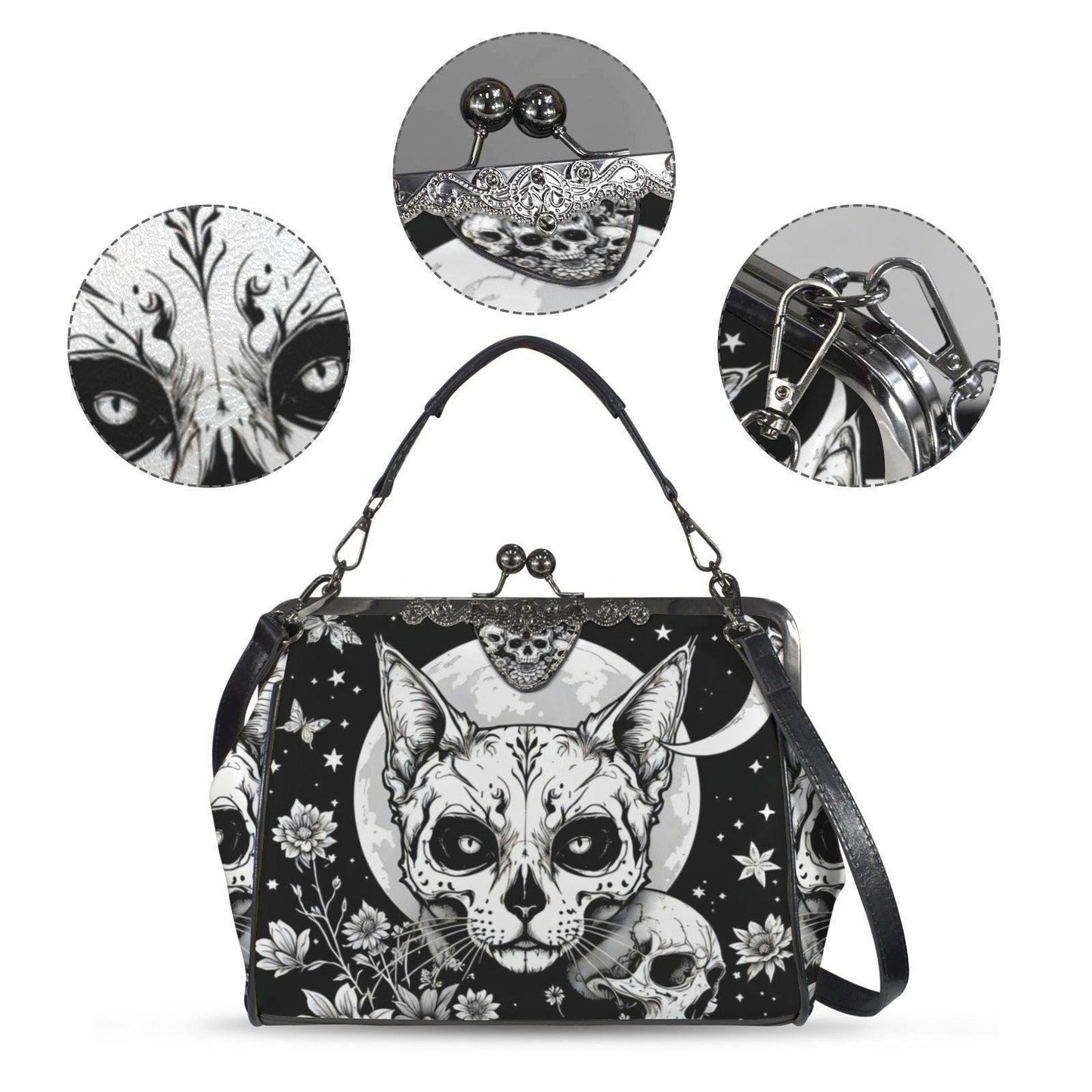 Full Moon Cat Kisslock Purse, Celestial Feline Print Handbag, Skull Flower Bag