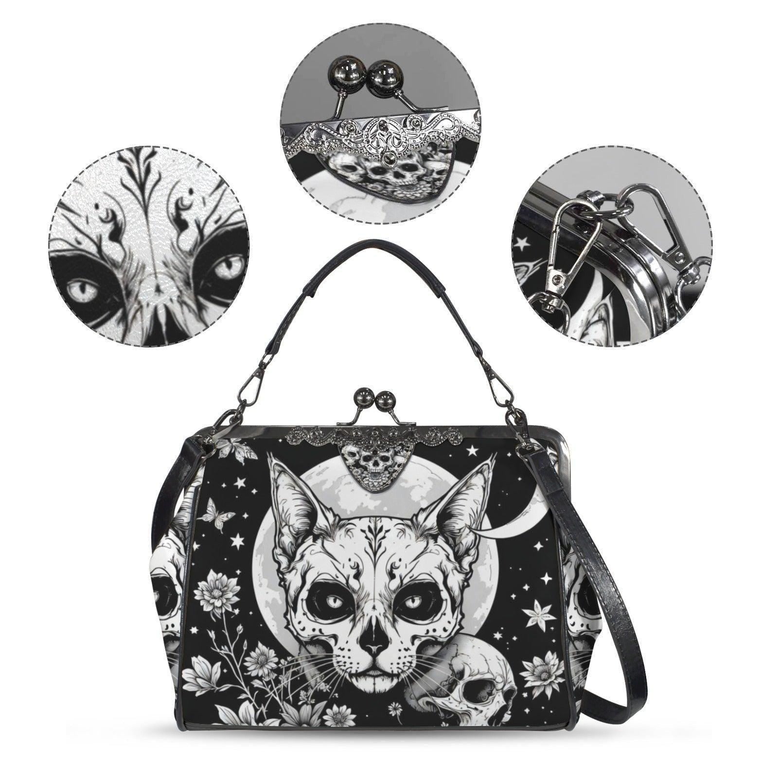 Full Moon Cat Kisslock Purse, Celestial Feline Print Handbag, Skull Flower Bag