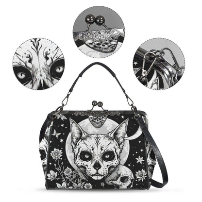 Full Moon Cat Kisslock Purse, Celestial Feline Print Handbag, Skull Flower Bag
