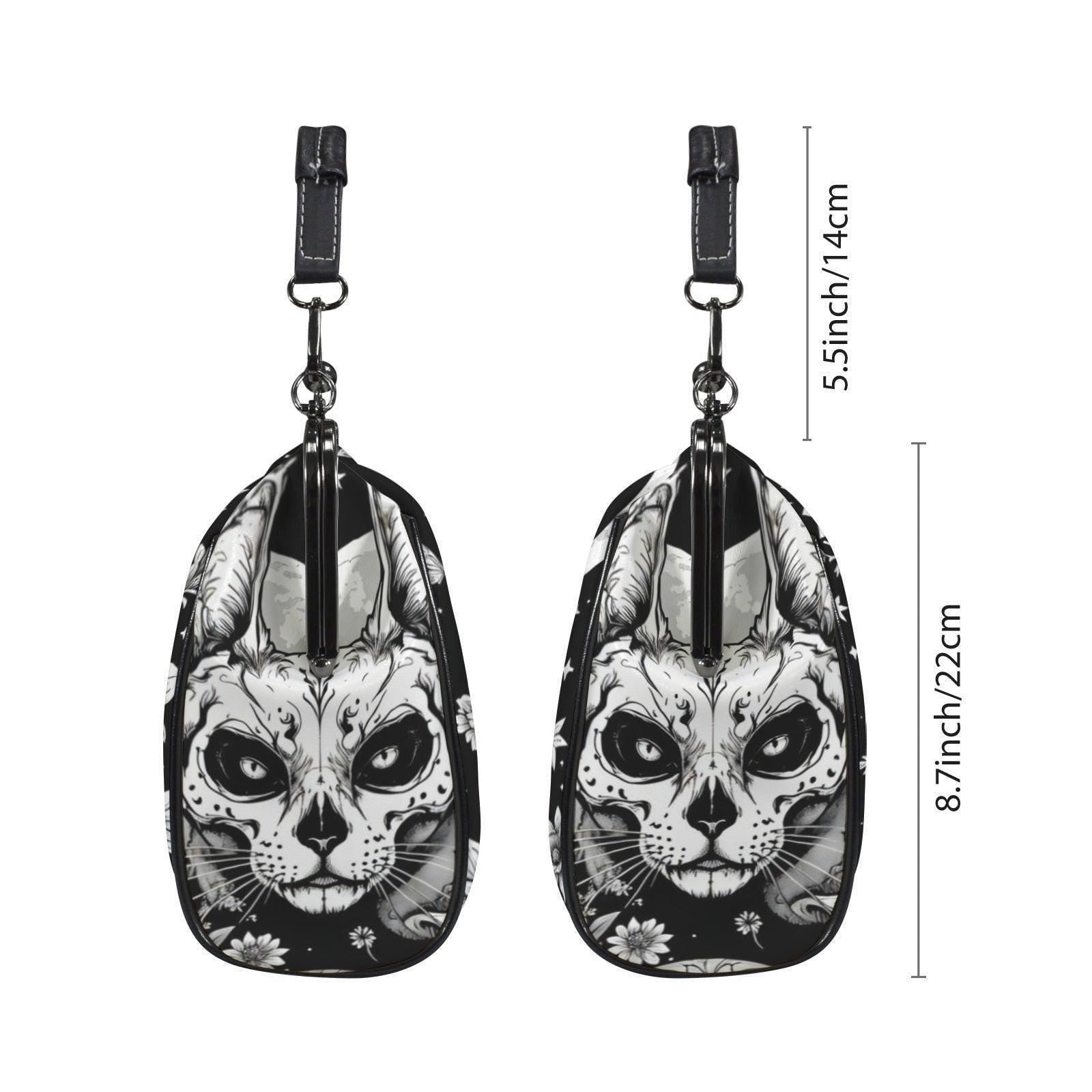 Full Moon Cat Kisslock Purse, Celestial Feline Print Handbag, Skull Flower Bag