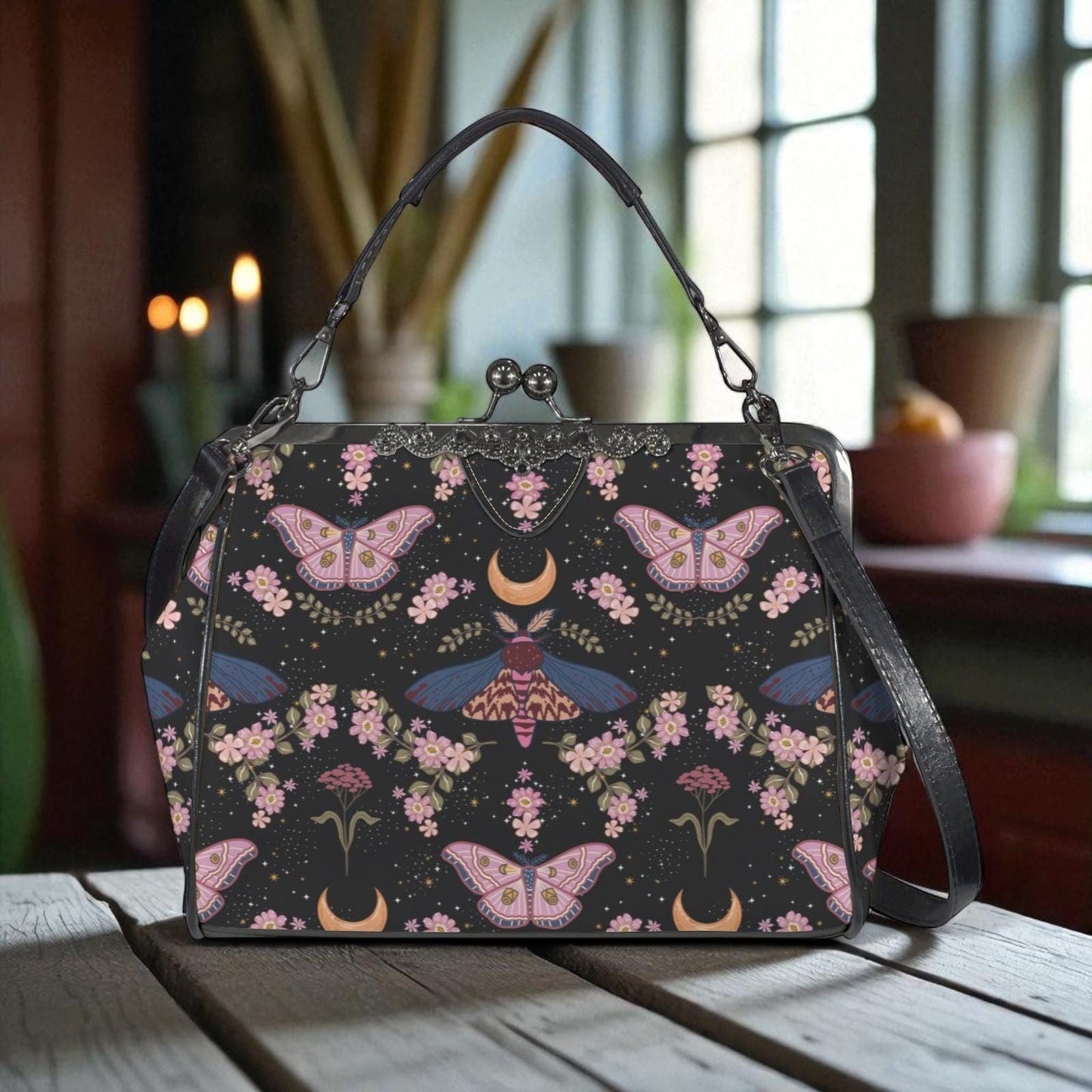 Kiss Lock Purse, Pink Moth Shoulder Bag, Moon Blossom Frame Handbag