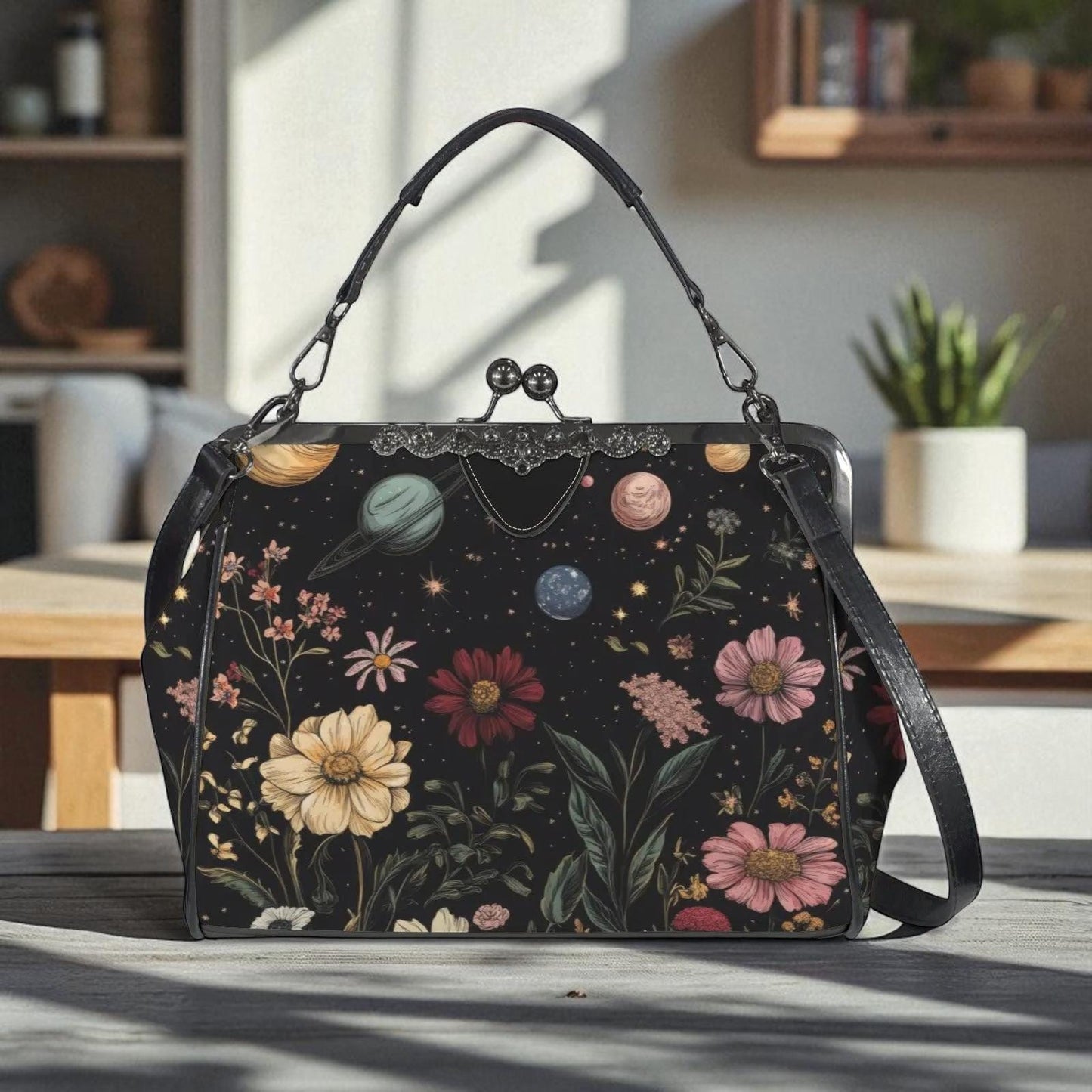 Kiss Lock Frame Bag, Cosmic Garden Purse, Vintage Planet Floral Evening Bag