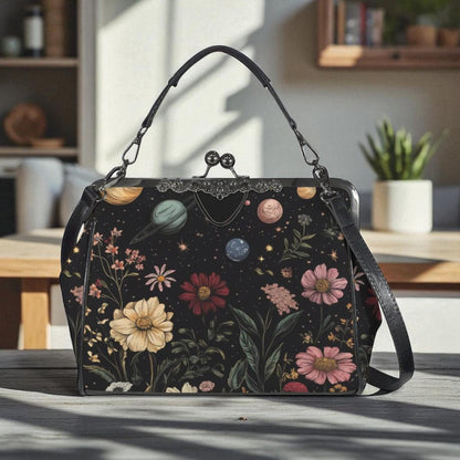 Kiss Lock Frame Bag, Cosmic Garden Purse, Vintage Planet Floral Evening Bag