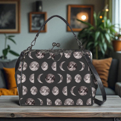 Moon Phase Kiss Lock Bag, Celestial Gothic Purse, Witchy Shoulder Handbag