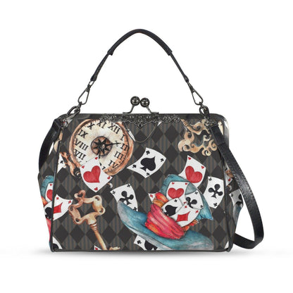 Wonderland Tea Party Kisslock Handbag, Playing Card Clock Frame Purse, Queen of Hearts Bag
