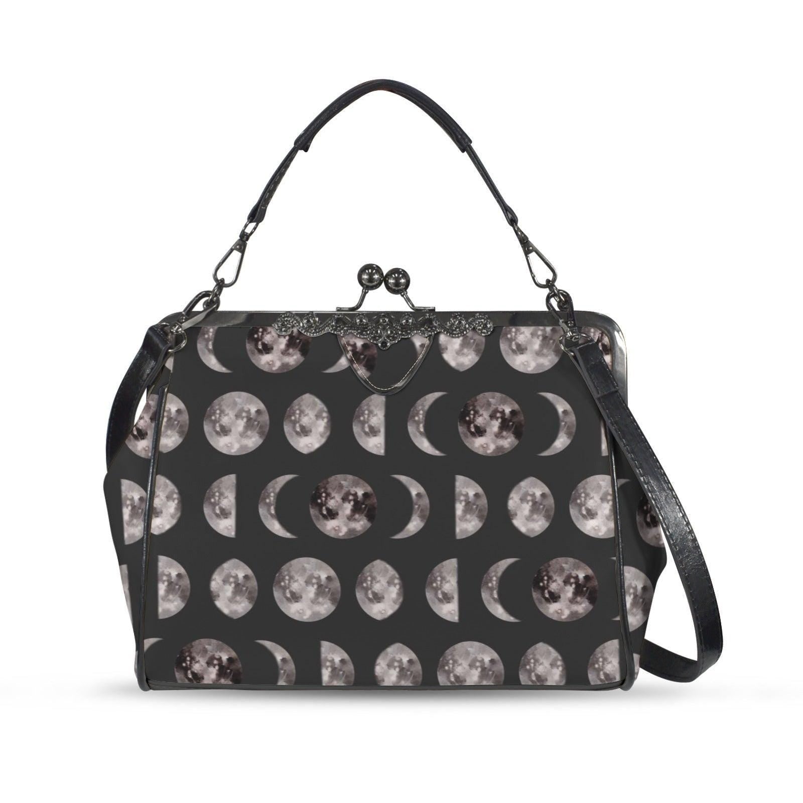 Moon Phase Kiss Lock Bag, Celestial Gothic Purse, Witchy Shoulder Handbag