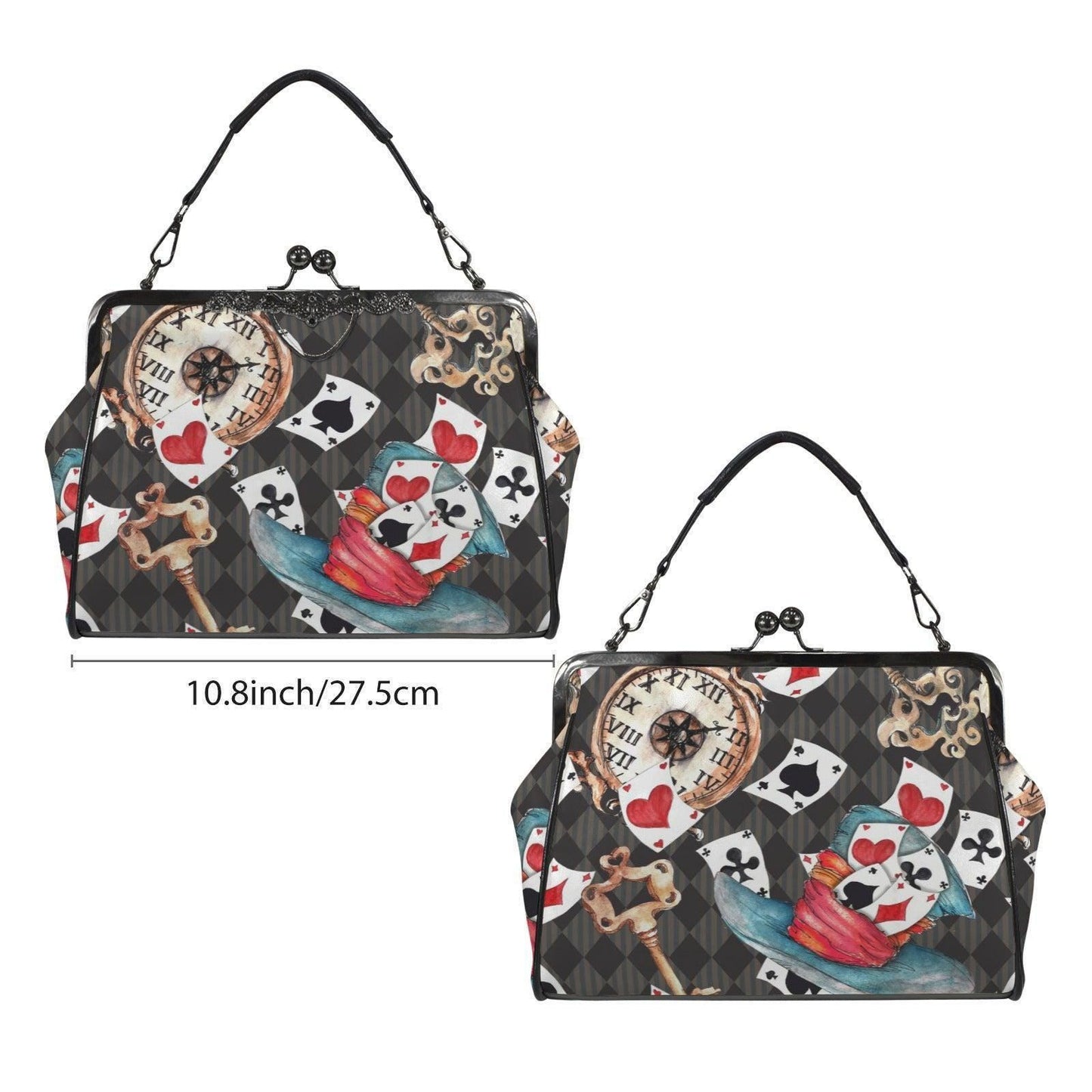 Wonderland Tea Party Kisslock Handbag, Playing Card Clock Frame Purse, Queen of Hearts Bag