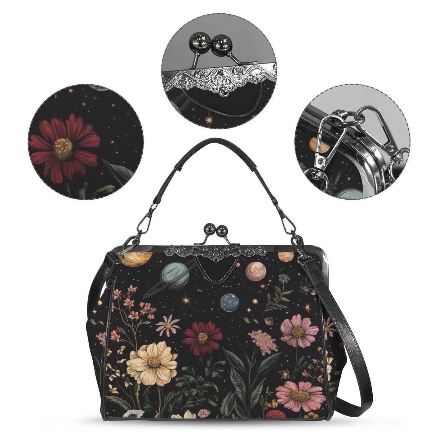 Kiss Lock Frame Bag, Cosmic Garden Purse, Vintage Planet Floral Evening Bag