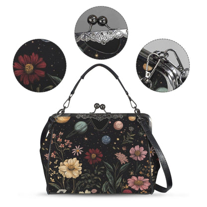 Kiss Lock Frame Bag, Cosmic Garden Purse, Vintage Planet Floral Evening Bag