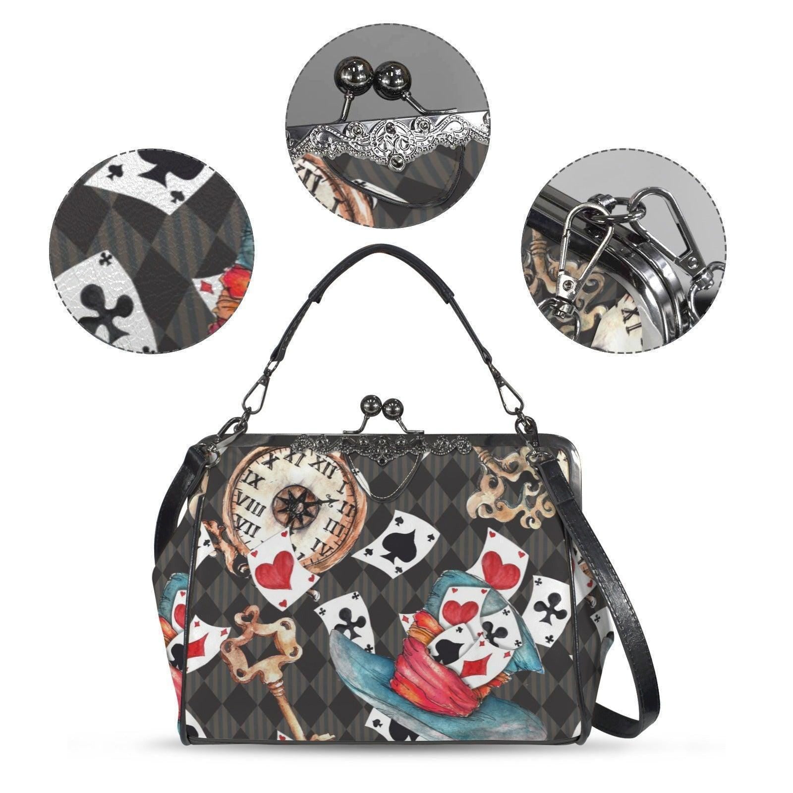 Wonderland Tea Party Kisslock Handbag, Playing Card Clock Frame Purse, Queen of Hearts Bag