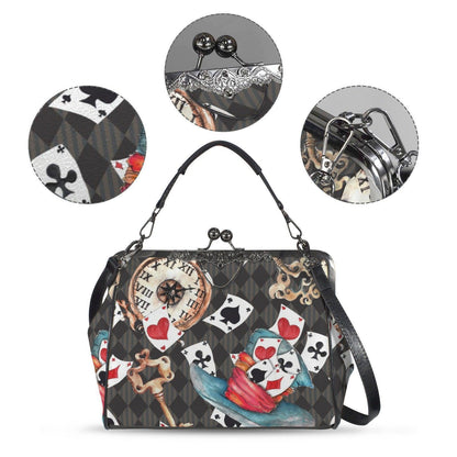 Wonderland Tea Party Kisslock Handbag, Playing Card Clock Frame Purse, Queen of Hearts Bag