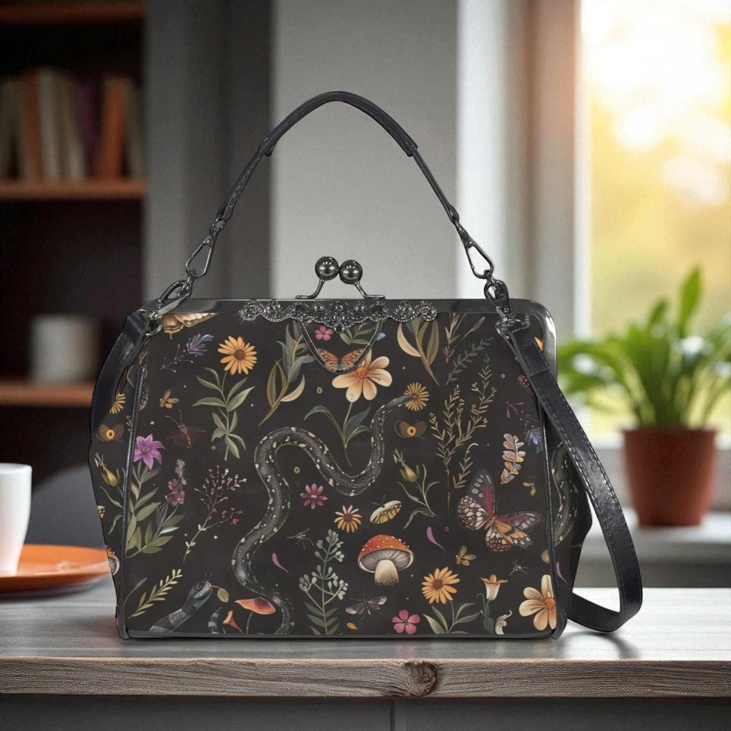 Snake Kiss Lock Bag, Dark Cottagecore Doctor Purse, Woodland Frame Handbag