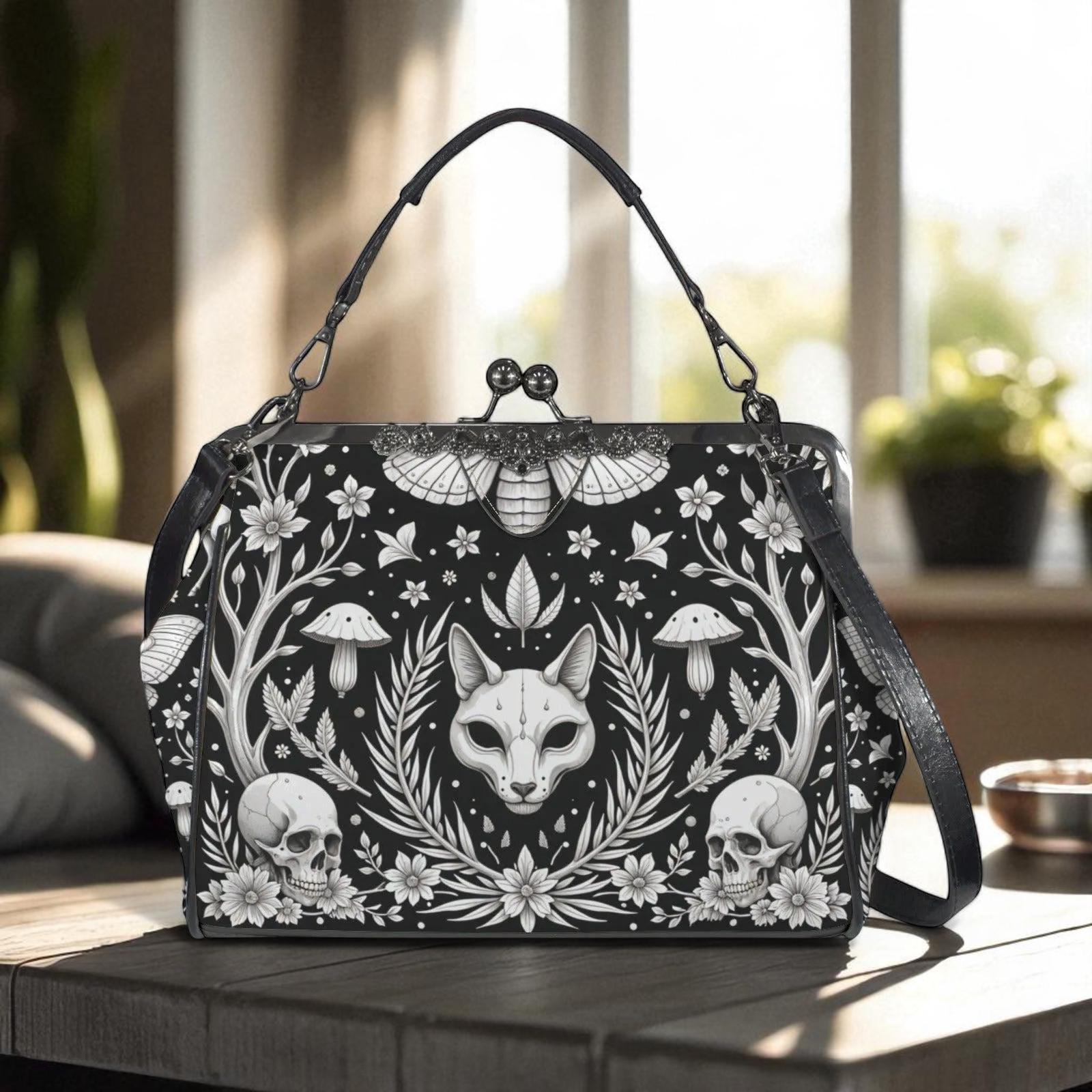 Gothic Skull Moth Print Frame Bag, Witchy Top Handle Purse, Occult Botanical Tote