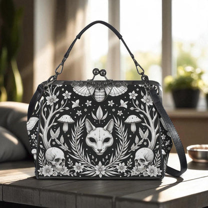 Gothic Skull Moth Print Frame Bag, Witchy Top Handle Purse, Occult Botanical Tote
