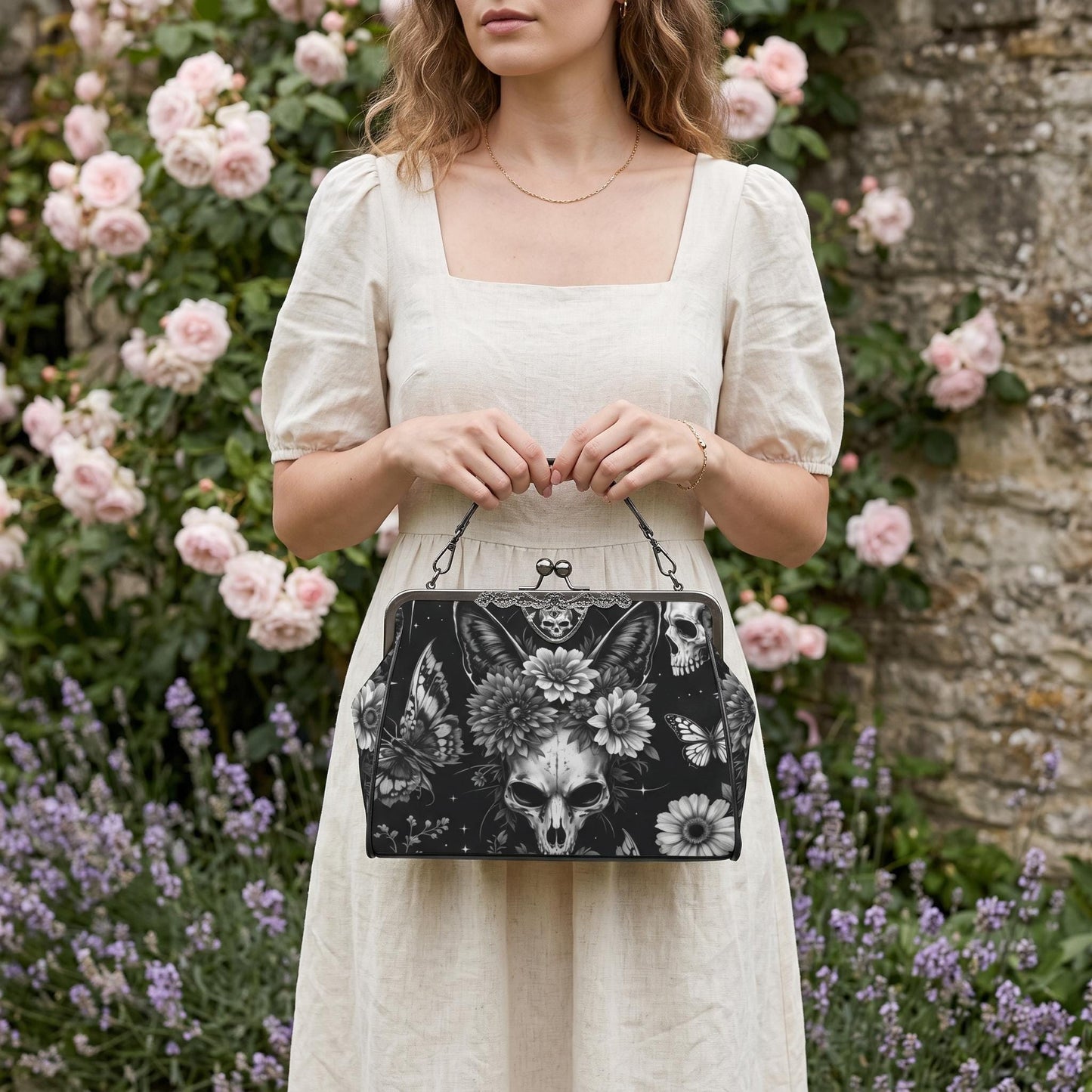Skull kiss lock purse, butterfly gothic frame bag, monochrome floral handbag