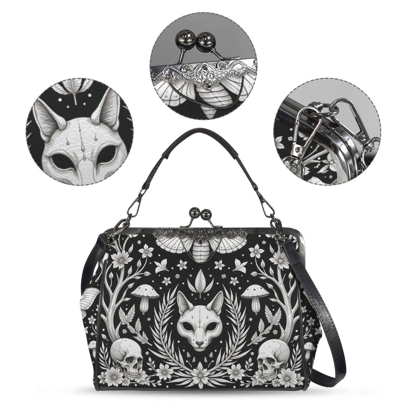 Gothic Skull Moth Print Frame Bag, Witchy Top Handle Purse, Occult Botanical Tote