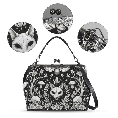 Gothic Skull Moth Print Frame Bag, Witchy Top Handle Purse, Occult Botanical Tote