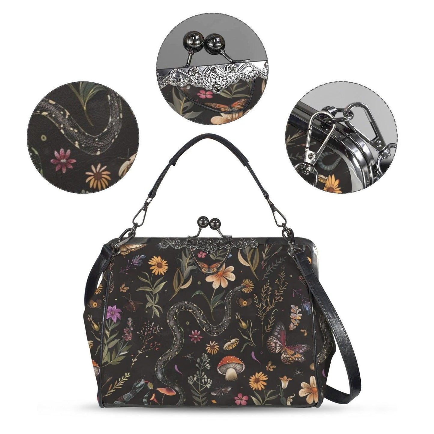 Snake Kiss Lock Bag, Dark Cottagecore Doctor Purse, Woodland Frame Handbag