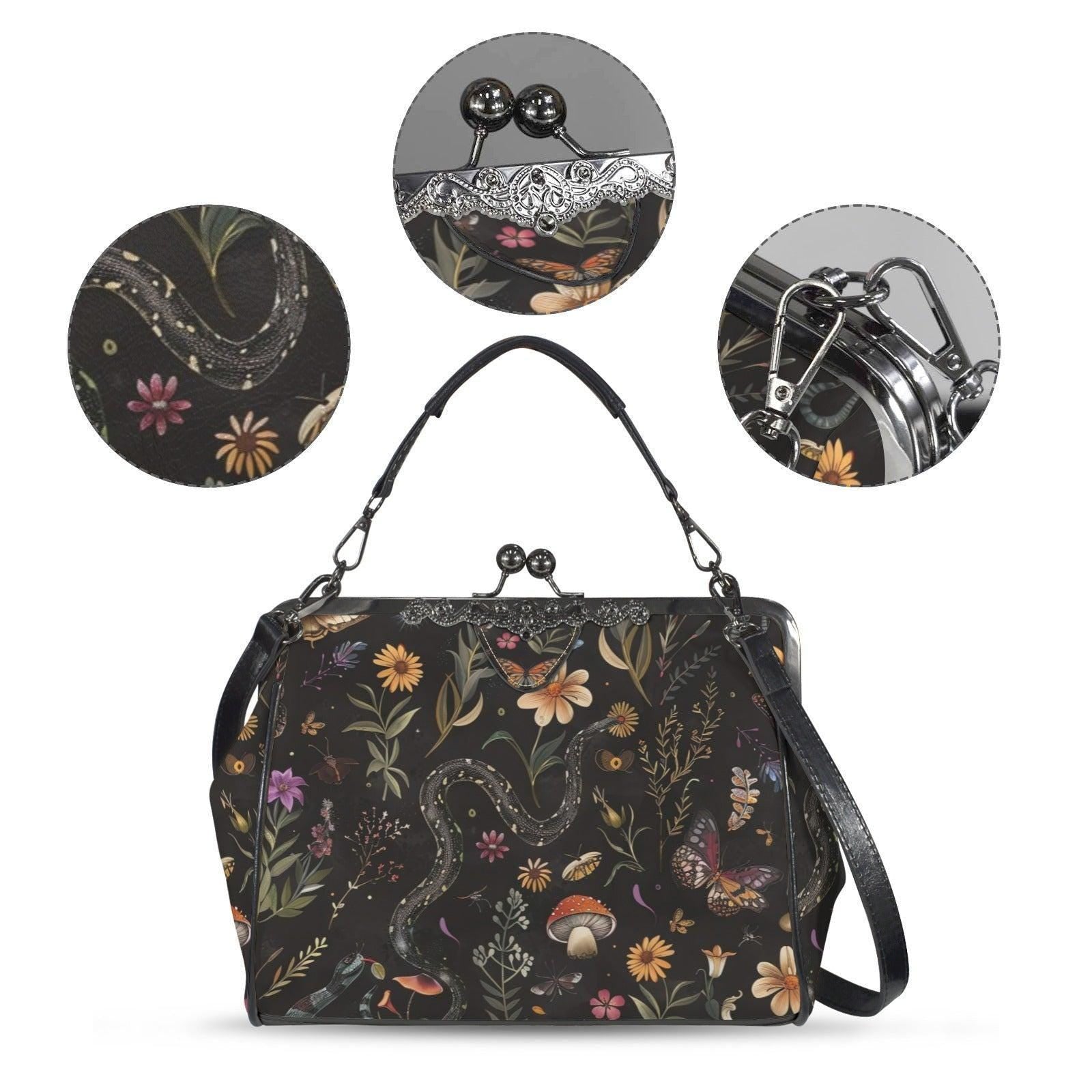 Snake Kiss Lock Bag, Dark Cottagecore Doctor Purse, Woodland Frame Handbag
