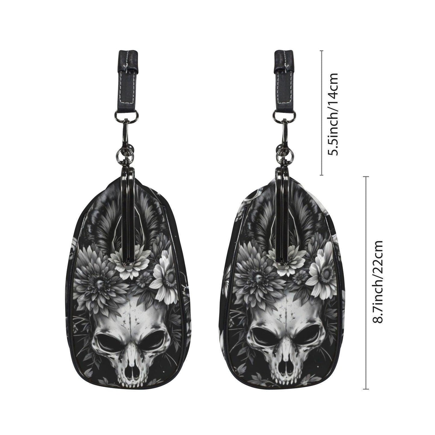 Skull kiss lock purse, butterfly gothic frame bag, monochrome floral handbag