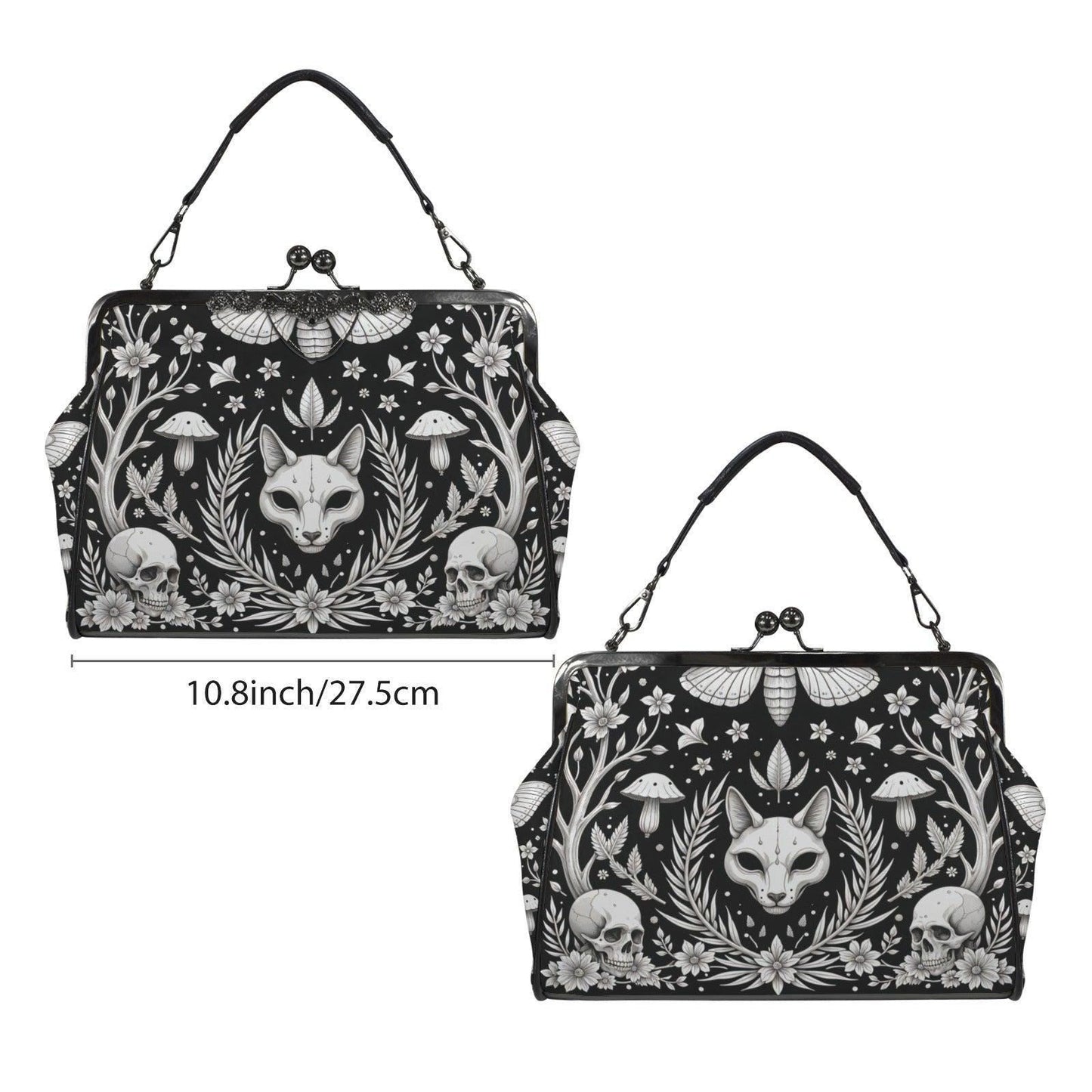Gothic Skull Moth Print Frame Bag, Witchy Top Handle Purse, Occult Botanical Tote