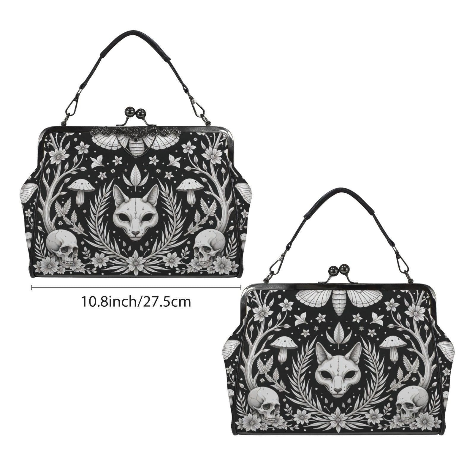 Gothic Skull Moth Print Frame Bag, Witchy Top Handle Purse, Occult Botanical Tote
